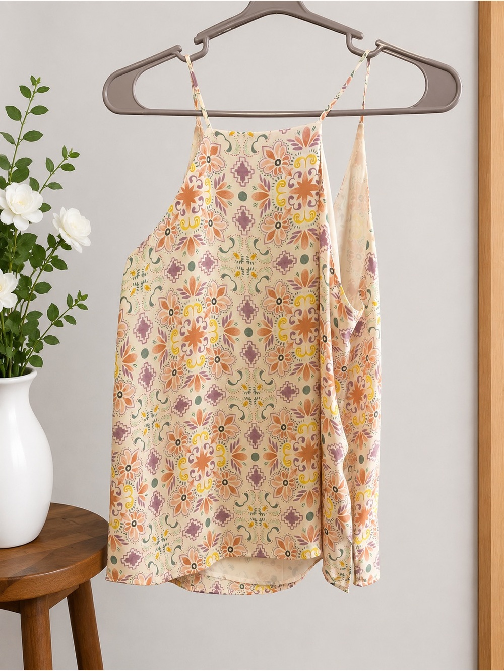 LOFT Cream Floral-Print Spaghetti-Strap Cami with Orange & Green Accents - Picture 2 of 3